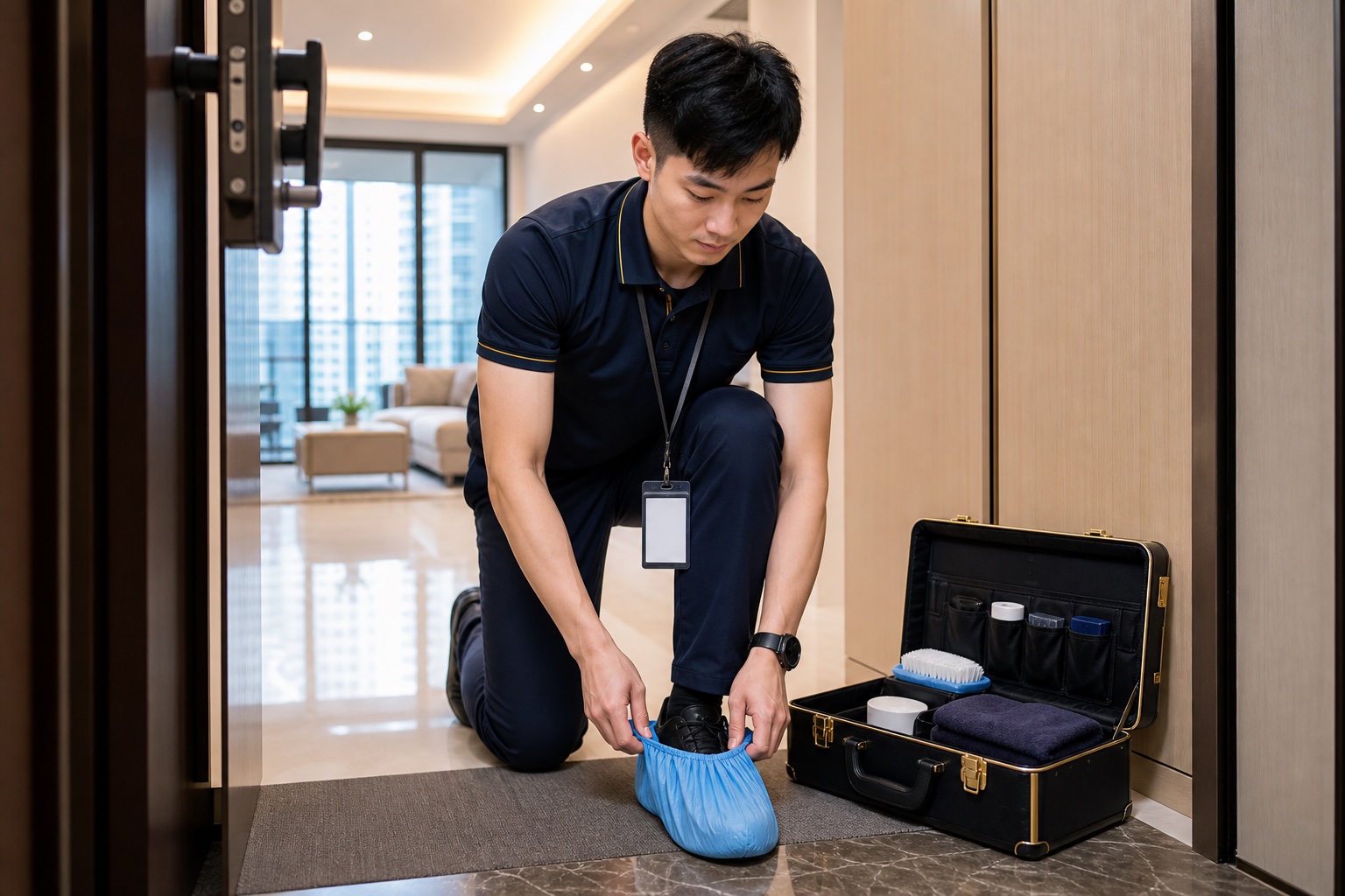 穿著整齊制服及工作證的技術人員進門前穿上全新鞋套