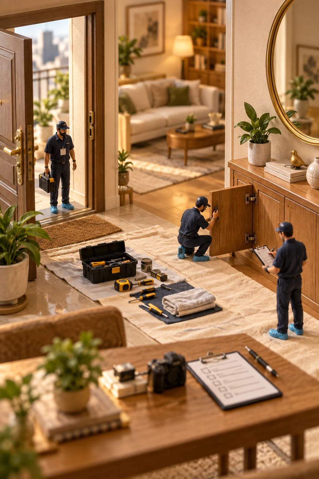微型家居場景示意：上門人員穿鞋套、保護地面及核對工程細節